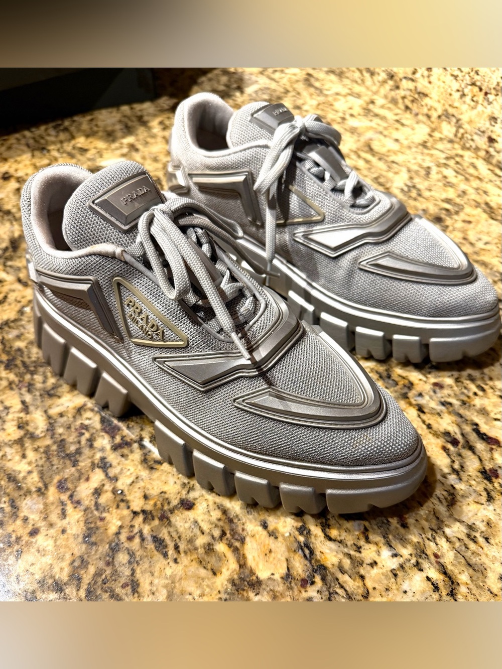 Prada Evolution Tech Women’s Chunky Lace-Up Sneakers in Light Gray and Silver